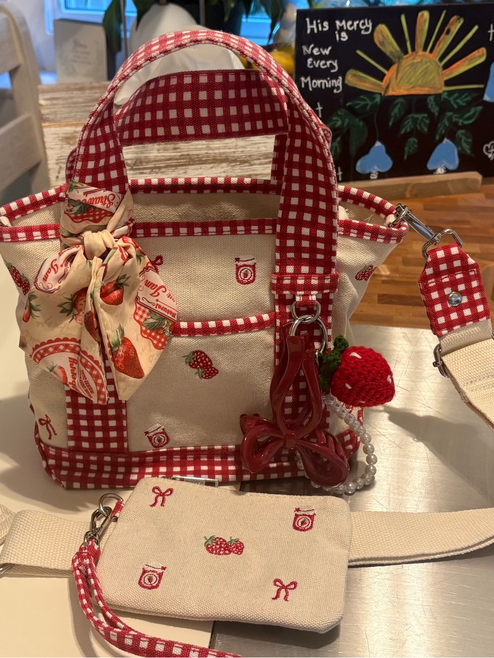 Madden girl  Red Gingham Strawberry Accent Mini Satchel - Picture 3 of 11
